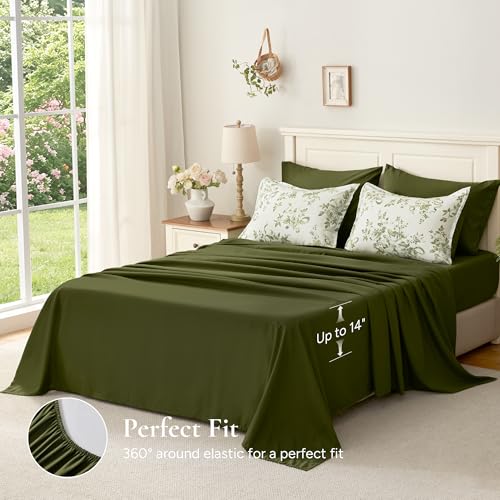 Image of Andency Floral Olive Green Comforter Set Full Size, 7 Pieces Flower Lightweight Bedding Set for All Seasons, Soft Vintage Bed in a Bag with Comforter, Sheets, Pillowcases & Shams