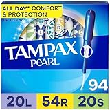 Tampax Pearl Tampons for Women Multipack, with LeakGuard Braid, Light/Regular/Super Absorbency, Unscented, 94 Count (2 Packs of 47)