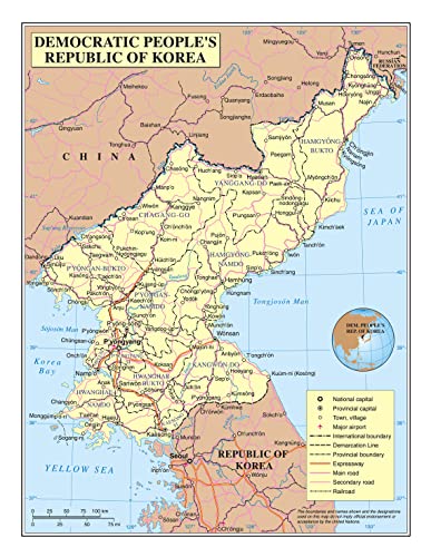 Palmetto Posters 24x31 Laminated Poster: Large detailed political and administrative map of north korea (dprk) with roads railroads cities and airports