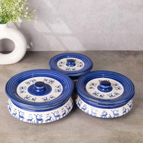 Image of Niyara Premium Ceramic Casserole /Donga Set with Lids - Handcrafted Serving Bowls for Hot Food, Microwave & Dishwasher Safe - Set of 3, Sizes: 1000ML, 650ML, 550ML (Blue deer design)