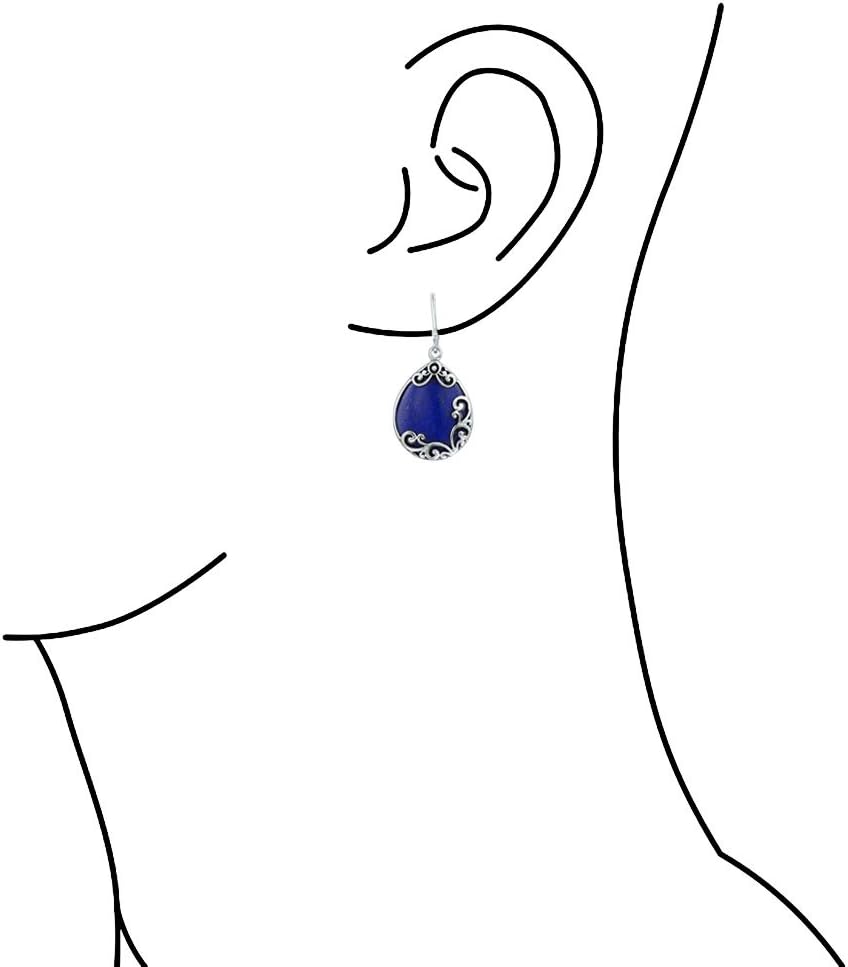 Boho Western Birthstones Semi Precious Gemstone Large Flat Teardrop Filigree Scroll Lever Back Dangle Earrings For Women Oxidized .925 Sterling Silver - Image 3