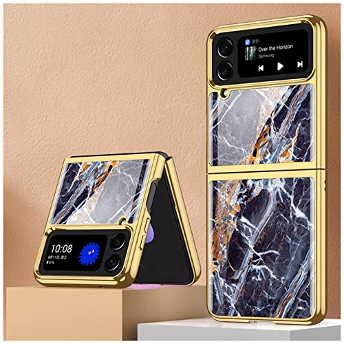 for Samsung Galaxy Z Flip 4 2022 Case Marbling pattern 9H Reinforced Glass Shockproof Cover for Samsung G alaxy Z Flip 4 5G Golden(Gold 10)