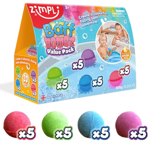 ZIMPLI - 20 x Baff Bombz, Set Regalo Bombe da Bagno per Bambini, Frizzanti da Bagno Schiumoso, Giocattolo di Compleanno per Bambini dai 4 anni in su