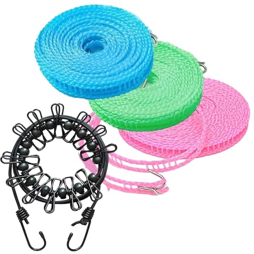 KHDULQ 4 Cordes à Linge de Camping, Corde à Linge Portable, élastique, Réglable avec 12 Clips pour Le Camping, Les Voyages, Le Linge, Le Séchage en Plein Air Bleu/Vert/Rose/Noir