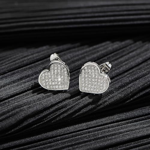 Silver Stud Earrings for Men with Heart Shaped White Gold Plated Earrings Hypoallergenic Cubic Zirconia Earring Studs Fashion Mens Jewelry Gift