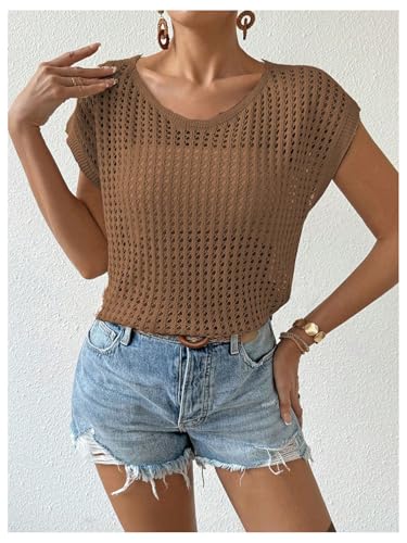 Image of Verdusa Women's Hollow Out Sheer Knit Top Dolman Sleeve Pullover Cover Up