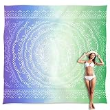 Sunlit 10'x9' Extra Large Boho Sand Proof Beach Blanket, Sand Proof Mat with Corner Pockets and Mesh Bag for Beach Party, Travel, Camping and Outdoor Music Festival, Blue Violet Sea Green Mandala
