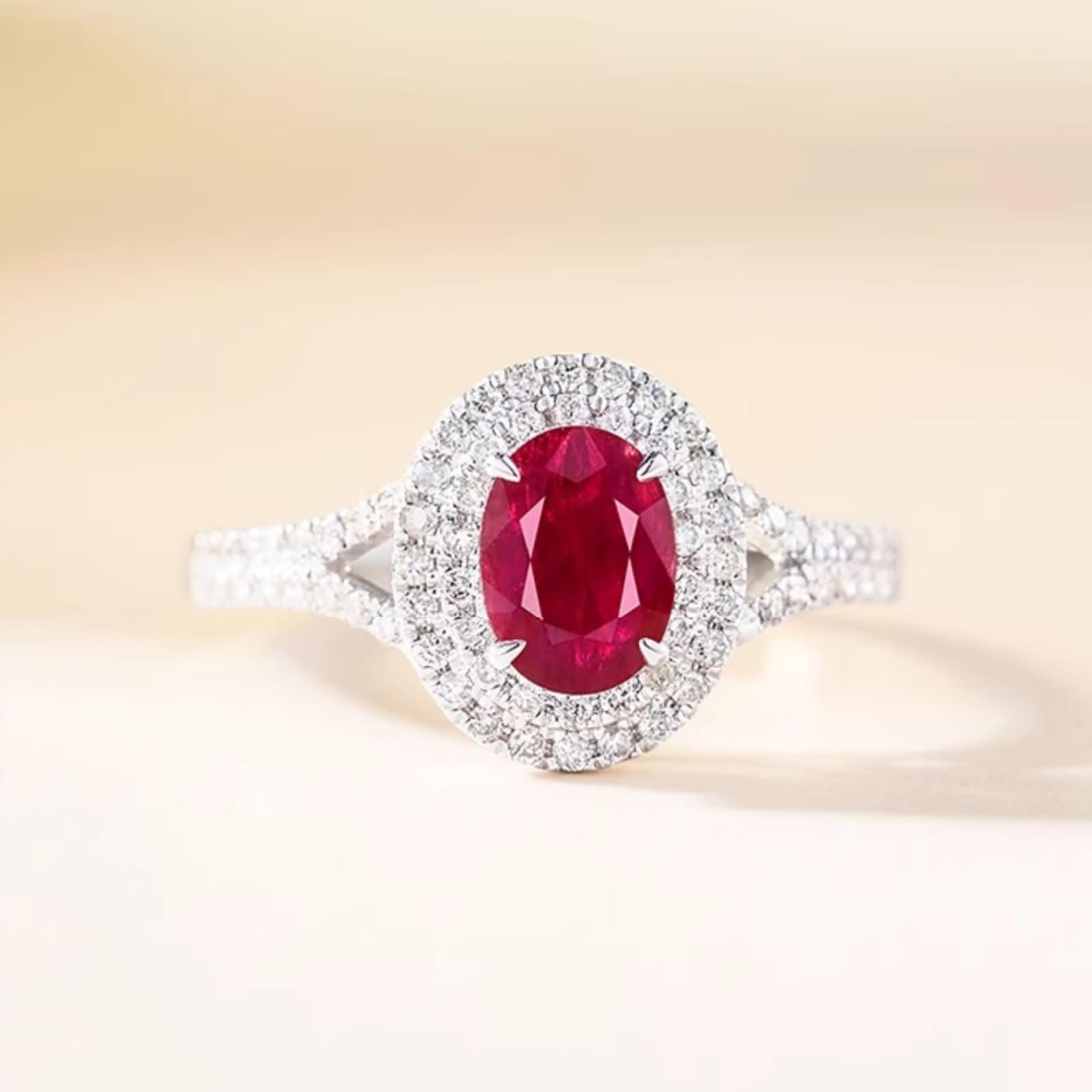 9K / 14K / 18K damskie białe złoto obrączki ślubne 4 owalne pazury z rubinem 0,7 ct i diamentem, czerwone srebrne pierścionki małżeńskie kobiety