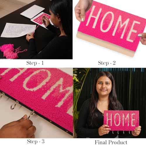 Image of picknMAKE DIY Embroidery Keychain Holder Kit - MDF Base with Pre-Printed Home Design, Pink Wool for Embroidery, 6 Hooks, Glue, Hinges, and All-Inclusive Craft Materials