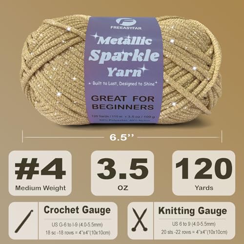 Image of Metallic Sparkle Yarn for Crochet and Knitting with Easy-to-See Stitches, Worsted Weight Medium #4, Beginners Yarn for Amigurumi, Bags, Handmade Gifts, Home Decor (Gold, 1 Pack)