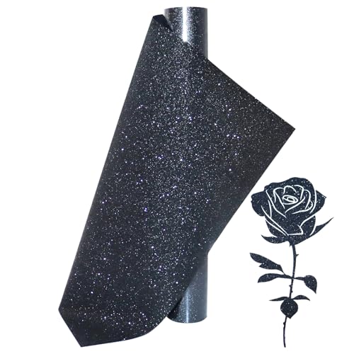 Image of Black Glitter Heat Transfer Vinyl Black Glitter Vinyl Glitter HTV Vinyl Rolls Pack 12 Inch x 5 Feet Iron on Vinyl for Cricut T-Shirts DIY Design, Silhouette Cameo & Heat Press Machine