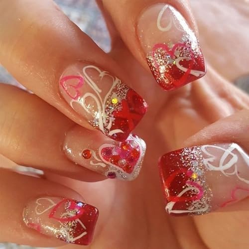 Valentines Press on Nails Medium Square Red French Tip Fake Nails with Love Heart Design Red Rhinestone Charms False Nails Valentine Glue on Nails Silver Glitter Stick on Nails for Women Girls