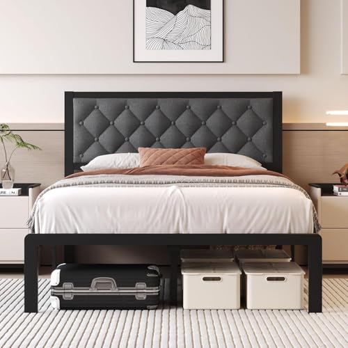 Full Bed Frame with Headboard Linen Upholstered Bed Frame Platform,All Metal Slats Support Platform Bed Frame with Storage Space,Easy Assembly,Noise Free,No Box Spring Needed,Grey