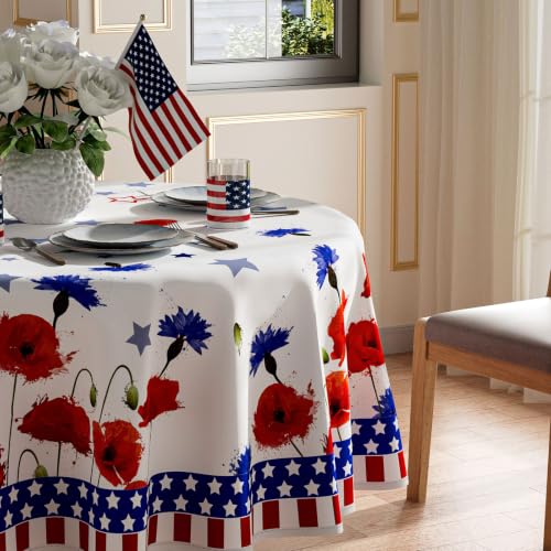 XCHI America Stars Red Blue Flowers Patriotic 4th of July Memorial Day Independence Day Tablecloth Round Washable Table Covers for Home Party Decorations 60x60 Inch by XCHI - Used condition - Image 2