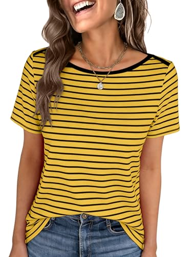 ANRABESS Womens Boat Neck Tops Short Sleeve T-Shirts Causal Fashion Tee Shirts 2026 Summer Spring Clothes Yellow Black Stripe Medium