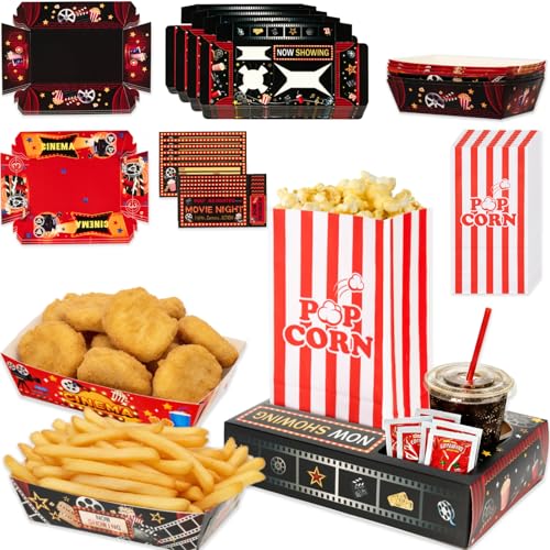 Nexhyp 48PCS Movie Night Accessories Snack Tray Set - Reusable Cardboard Popcorn Boxes Snack Trays Movie Ticket Cards for Home Cinema Nights Themed Parties and Family Movie Nights