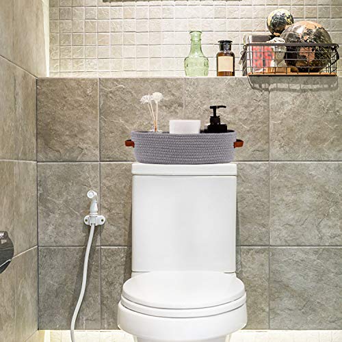 Oradrem Cotton Rope Small Woven Basket,Toilet Paper Basket,Room Storage Basket With Handles For Bathroom, 13"X5.9"X4" Gary #TOP2