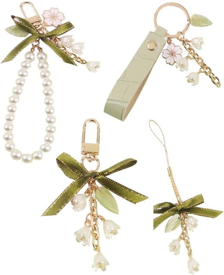 Leadigol Lilies of The Valley Flower Key Chain Mobile Phone Lanyard Pearl Beaded Phone Lanyard Wrist Strap Anti Lost Phone Charm Strap Key Chains Accessories for Women