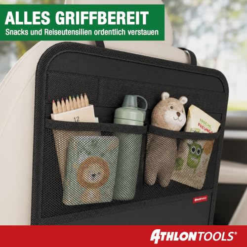 ATHLON TOOLS Rückenlehnen-Schutzmatte beschichtet, Rückenlehnenschutz Auto Kick-Matte, verstärkt - mit Netztaschen - schmutzabweisend, pflegeleicht und wasserabweisend