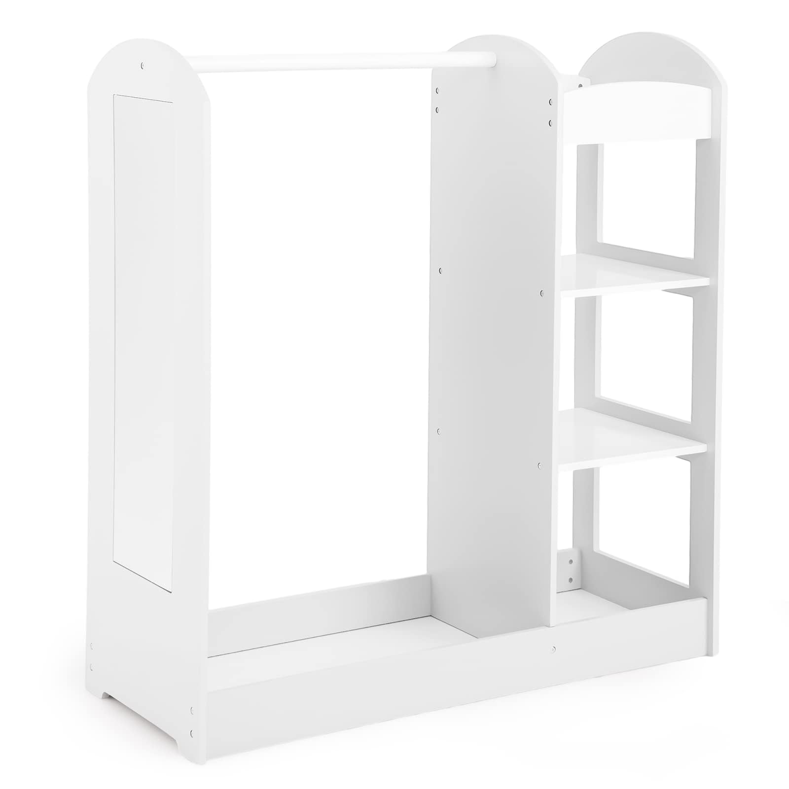 LIFEZEAL Kinder Kleiderständer, Offener Baby Kleiderschrank Kleiderständer Holz, Kinderschrank mit Spiegel, Kinderregal Kindergarderobe mit 4 Ablagen, Weiß