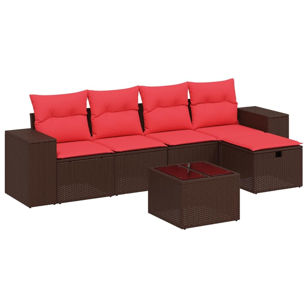 Juego de 6 sofás de jardín de polirratán marrón, modular con mesa de cristal y espacio de almacenamiento, incluye cojines de asiento y cojines de respaldo para terraza y exterior