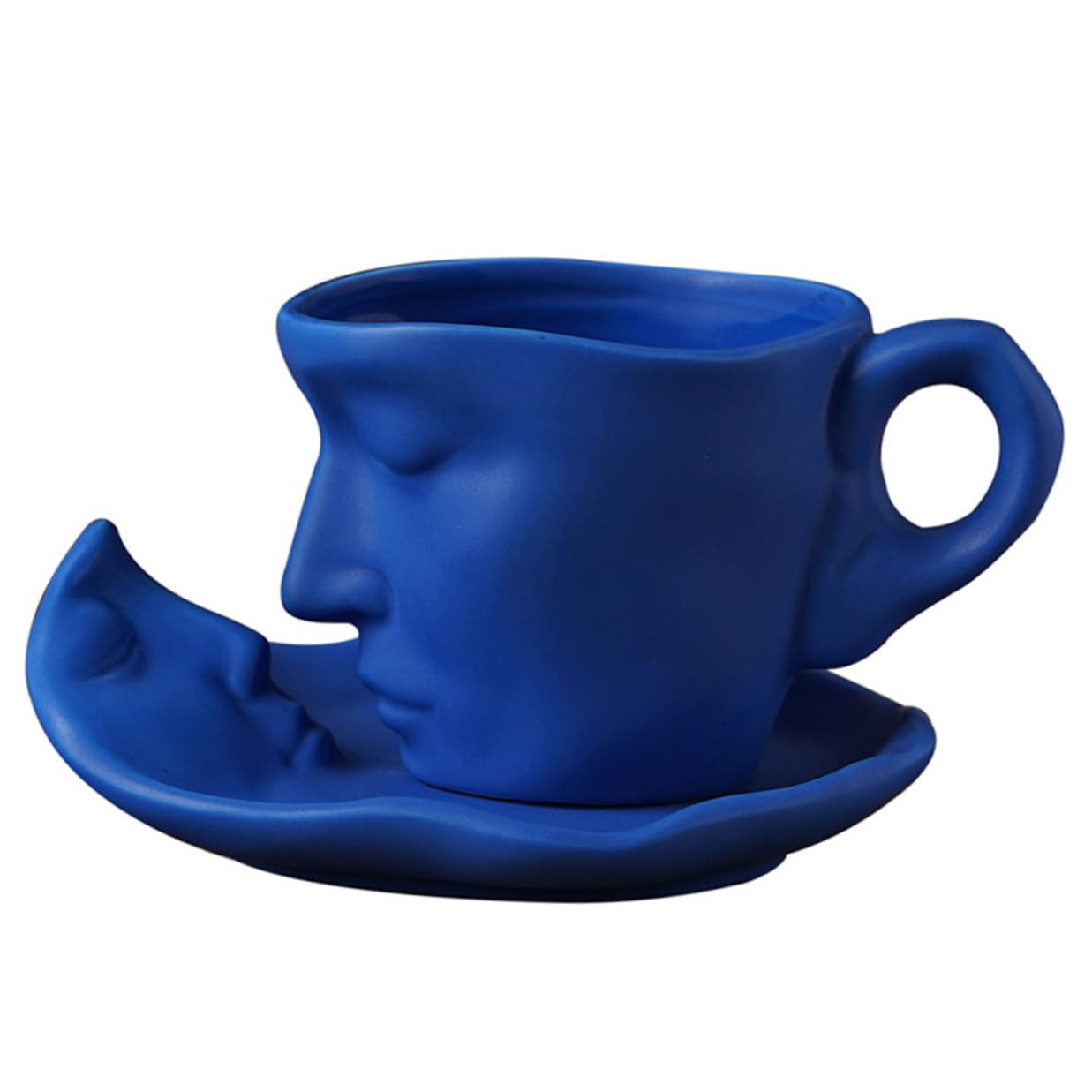Tasse à café céramique avec soucoupe design visage abstrait bleu