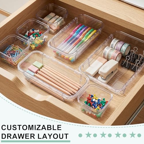 GarveeHome Expandable Drawer Organizer Set – Adjustable Clear PET Divider Trays for Office Desk, Kitchen, Bathroom, and Vanity Storage – Multi-Use Desktop Drawer Solution – 14-Piece Set - Image 7