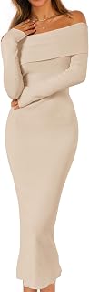 MEROKEETY Women's Off Shoulder Long Sleeve Bodycon Sweater Midi Dress Winter Club Party Formal 2025-2026