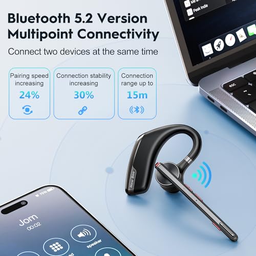Image of New bee Bluetooth Headset, Wireless Bluetooth Earpiece for Cellphone with 500mah Charging Case 80h Playtime V5.2 Dual Mic Noise Cancelling Hands-Free Earphones for Office Driver