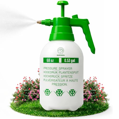 1/2 Gallon Hand Pump Pesticide Sprayer, Lawn & Garden Watering Bottle, Pressurized with Adjustable Copper Nozzle for Plant, Bug & Car Detailing, Leak Proof, Durable, Efficient and Lightweight - 68 oz