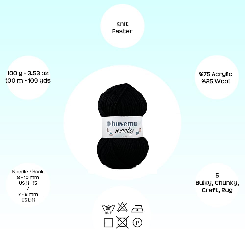 Wooly Wool Blend Bulky #5 Yarn for Crochet & Knitting, Black image 3
