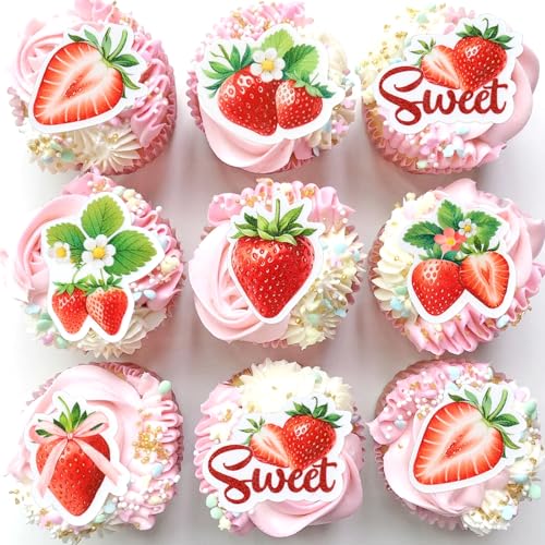 Ercadio 42 Pcs Edible Strawberry Cupcake Toppers Fruit Theme Summer Strawberry Cupcake Picks for Kid Baby Shower Party Decorations Kids Birthday Cake Party Supplies - Thumbnail 4