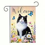 BlissYard Welcome Garden Flag Spring Summer Cat Garden Flag 12x18 Inch Double Sided Flags Black White Cat Floral Butterfly Outdoor Yard Lawn Porch Decor Banner