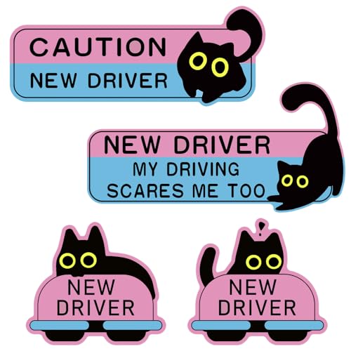 4pcs New Driver Car Magnet Set - Black Cat Design, Reflective Magnetic Signs for Student Drivers, Reusable and Waterproof, Easy to Apply