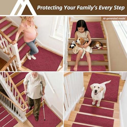 Image of COSY HOMEER Stair Landing Rugs Non-Slip Corner Indoor Edging Stair Treads for Wooden Steps,Washable Soft Stair Landing Mat for Kids,Elder and Dogs,Polyester,TPE Backing,Red,30x30inch