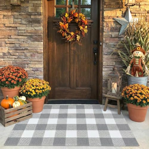 SEEKSEE Buffalo Plaid Outdoor Rug 27.5x43 Gray and White Front Door Mat, Layering Rug for Porch, Washable Doormat, Front Porch Rug for Outdoor Entrance Entryway Patio Porch Decor