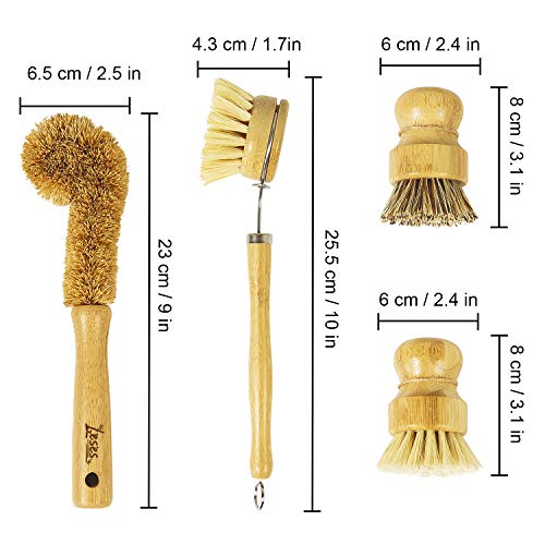 Leses Dish Brush Natural Bamboo Dish Scrub Brush Set With Handle 100% Plastic Free Eco Friendly Cleaning Brushes For Kitchen Cleaning Dish, Bottle, Pots, Pans #TOP2