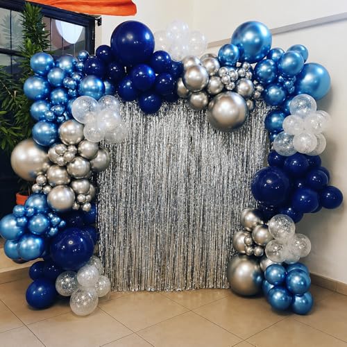 Image of Metallic Blue Silver Balloon, 60 Packs 12 Inch Different Shades Chrome Blue Balloons with Silver Confetti Balloons for Birthday Wedding Bridal Baby Shower Graduation Father's Day Decorations