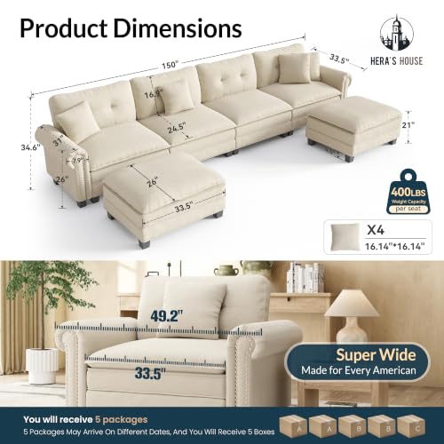 Image of HERA'S HOUSE 150 inch Oversized U Shaped Modular Sectional Couch Living Room | Mid-Century Modern 6-Seater Cloud Sofa, White, Rolled Arms & Nailhead Trim, Wider & Deeper Seats, Ottoman, Chenille