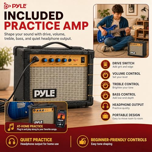 Pyle Electric Guitar Kit with Amp, Full Size Instrument with Humbucker Pickups, Guitarra Electrica Amplifier and Beginner Bundle Accessories, 39" Blue by Pyle - Image 3
