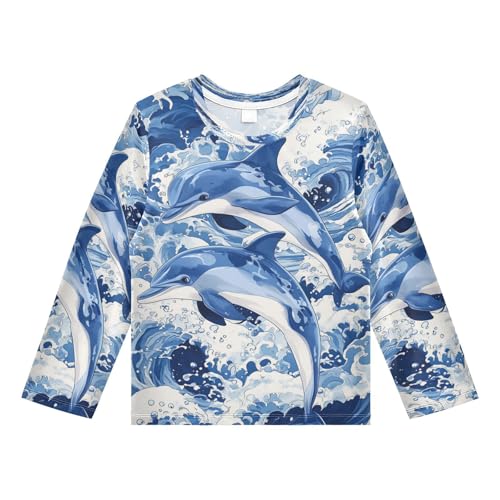 Blue Dolphin Wave Boy's Rash Guard Swim Shirt Long Sleeve Sun Shirt for Running Swiming Pool UPF50+ 4T