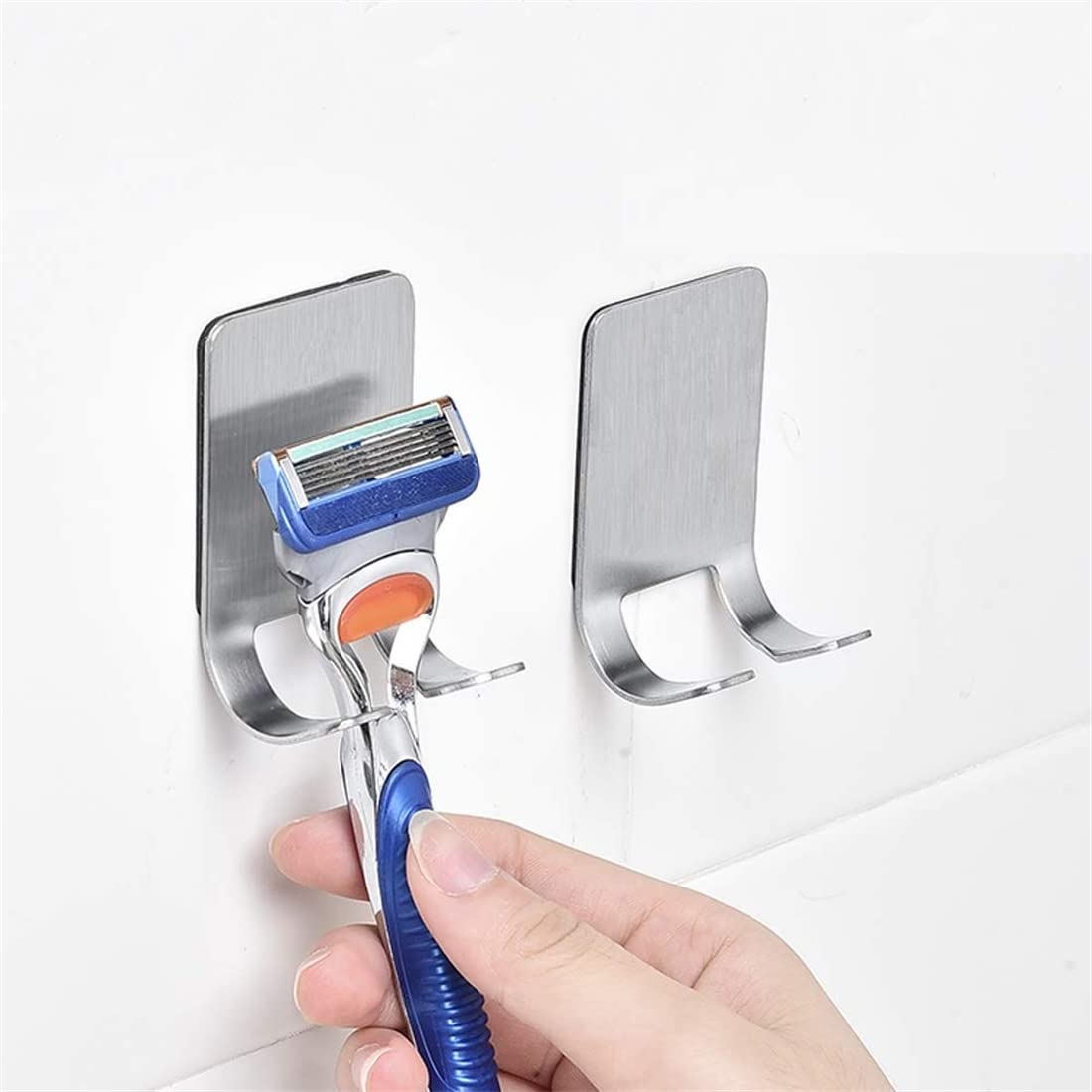 4pcs Self Adhesive Stainless Steel Razor Holder Shaver Hook Hanger Stand Shelf Shaving Razor Storage Rack Bathroom Hook Organizer