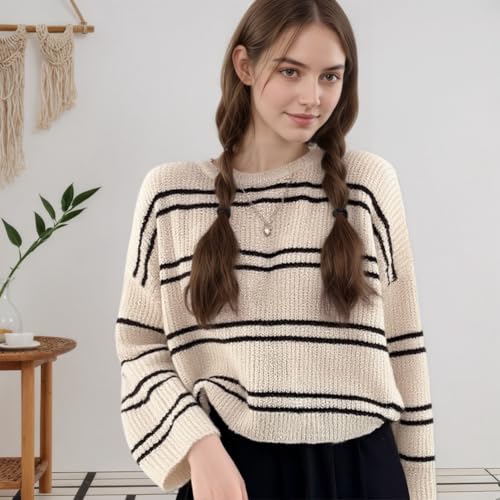 Women Long Sleeve Hollow Knit Cardigan Striped Loose Cover Up