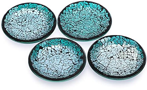 BSTKEY Set of 4 Mosaic Glass Candle Plates, 10cm/ 4 Round Candle Plate Holder, Decorative Pillar Candle Holder Tealight Candle Mat, Cup Plate Coasters (Blue)
