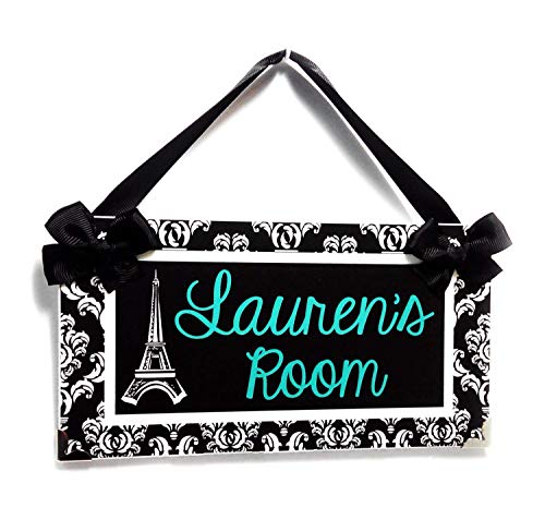 Bedroom Door Sign Personalized | Eiffel Tower Paris Themed Teens Room Name Door Plaque | Elegant Black and White Damask with Green Teal Text | Lovely Gift Idea