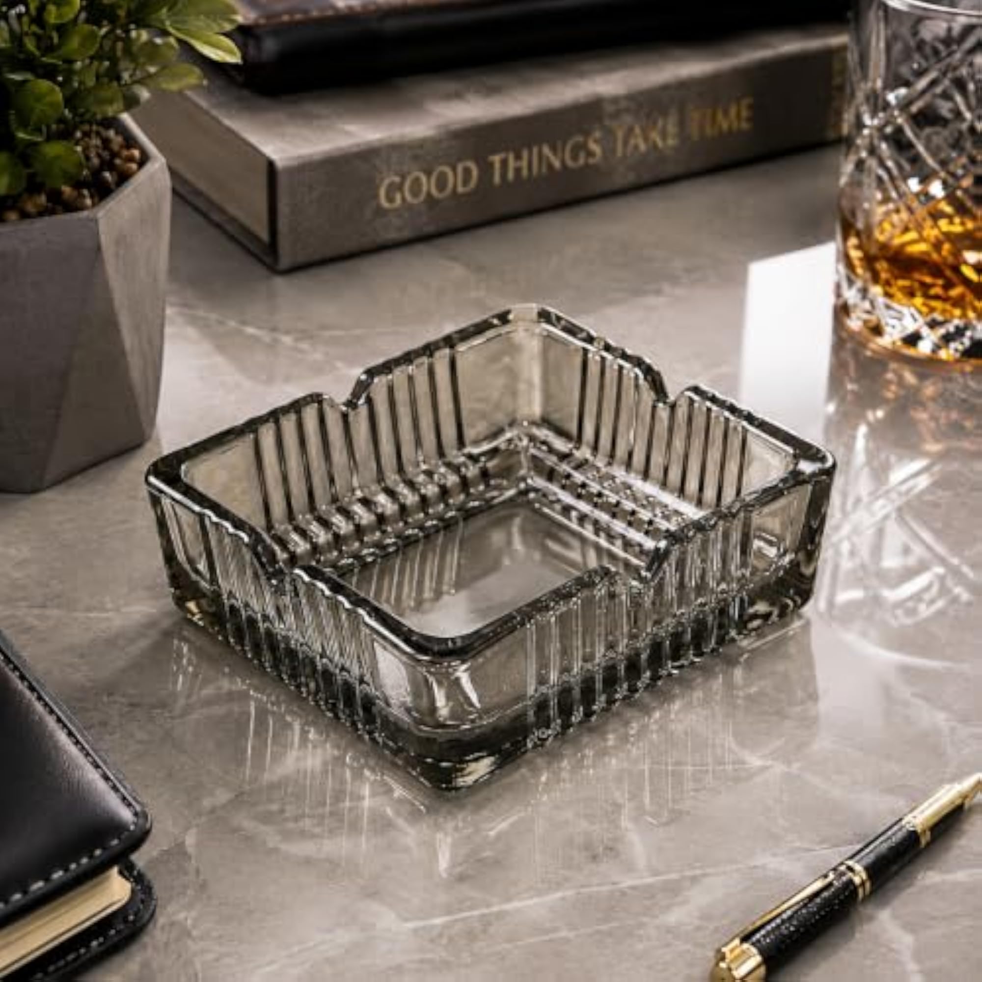 Square Glass Ashtray with Multiple Grooves
