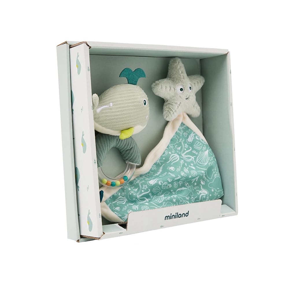 Miniland Pack Regalo Bebé Recién Nacido, Set Doudou y Sonajero Sensorial, Juguete de Apego Suave y Seguro 100% Lavable, Ideal Canastilla y Baby Shower, 0 Meses, Verde | Ocean