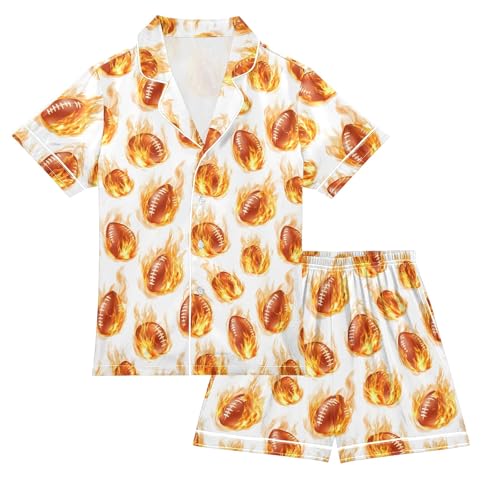 Rugby Fire Cartoon Pattern Summer Satin Pajama Set, Cute Button-Down Sleepwear Pj Set for Sleep Wears