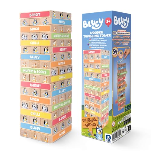 Image of Bluey Tumbling Tower Game, 54 Illustrated Wooden Blocks, Ages 3+