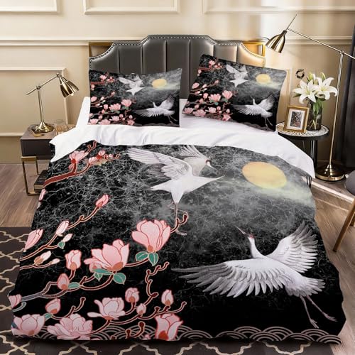 Housse de Couette 140x200 Grue Orientale, Parure de lit 140 x 200 Fleur avec Taies d'oreiller 1 Personne Set de Housse Couette Microfibre Doux